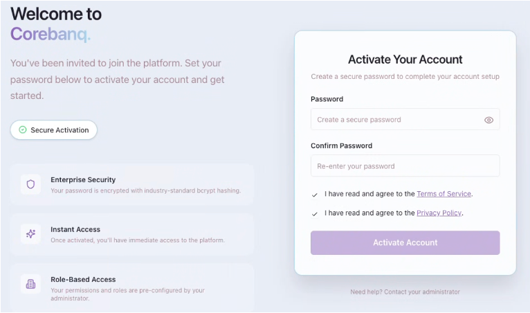 Corebanq end-user activation screen — operator-invited user sets a password to complete account setup