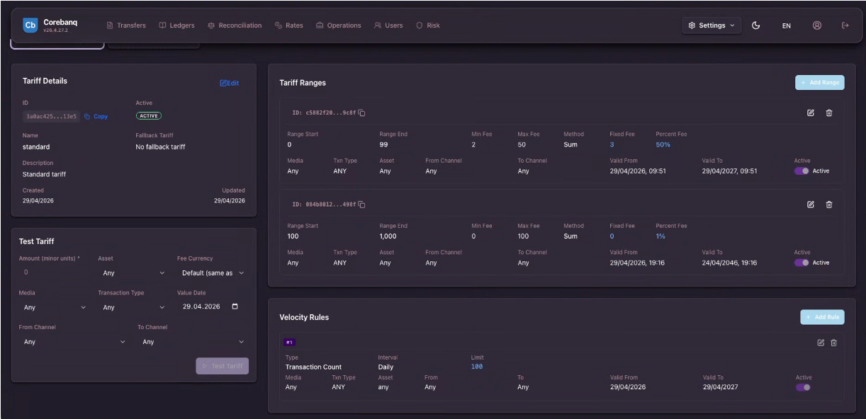 Corebanq Tariff Details with two tiered fee ranges, a Test Tariff console, and Velocity Rules limiting daily transaction count